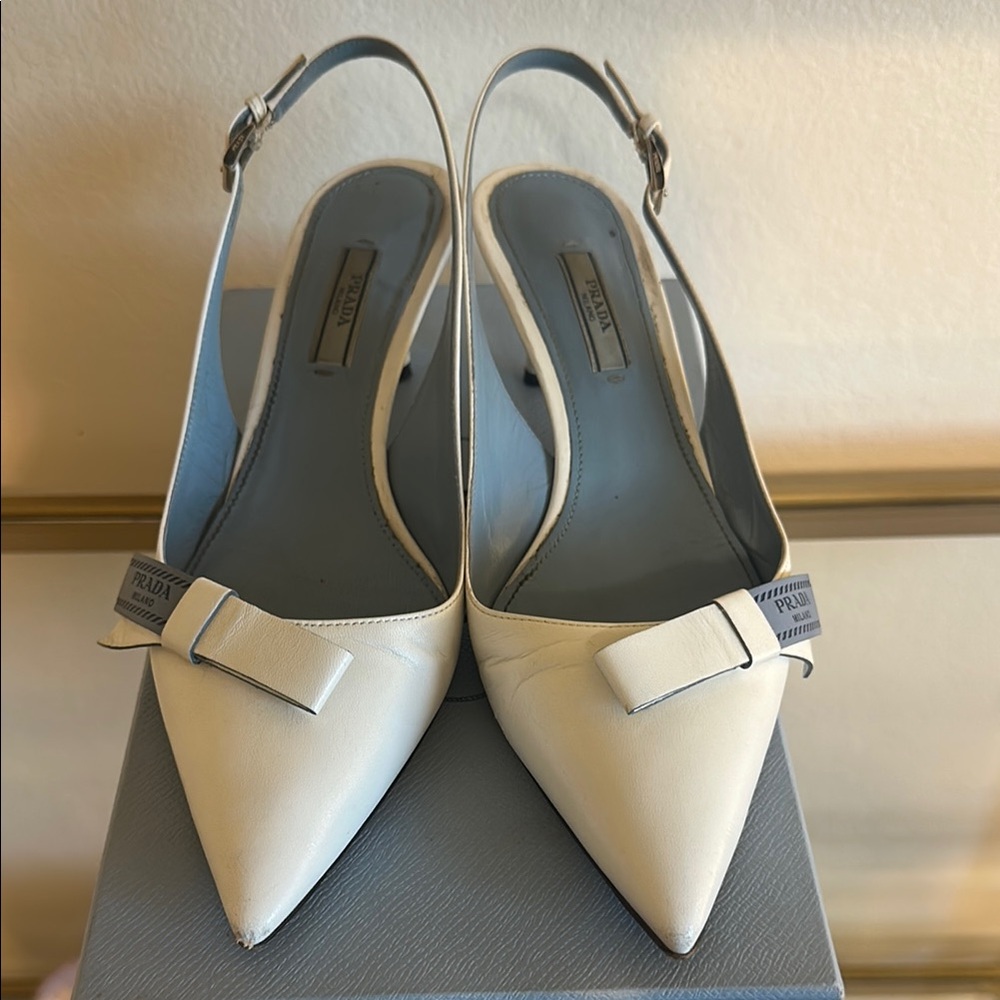 Prada White Slingback Heels with Bow Detail